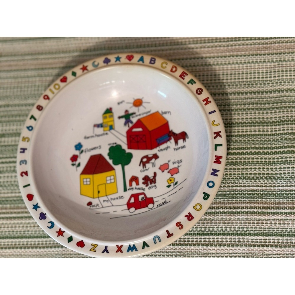 Vintage 1987 Anacapa Melamine Children's Bowl Farm Animal Alphabet Number Retro